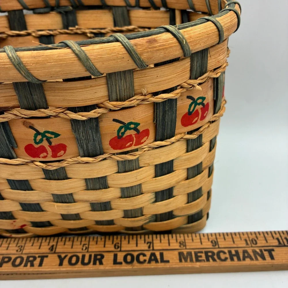 Handcrafted Woven Wood Cherry Print Basket Dual Handle Farmhouse Storage 10x7x6